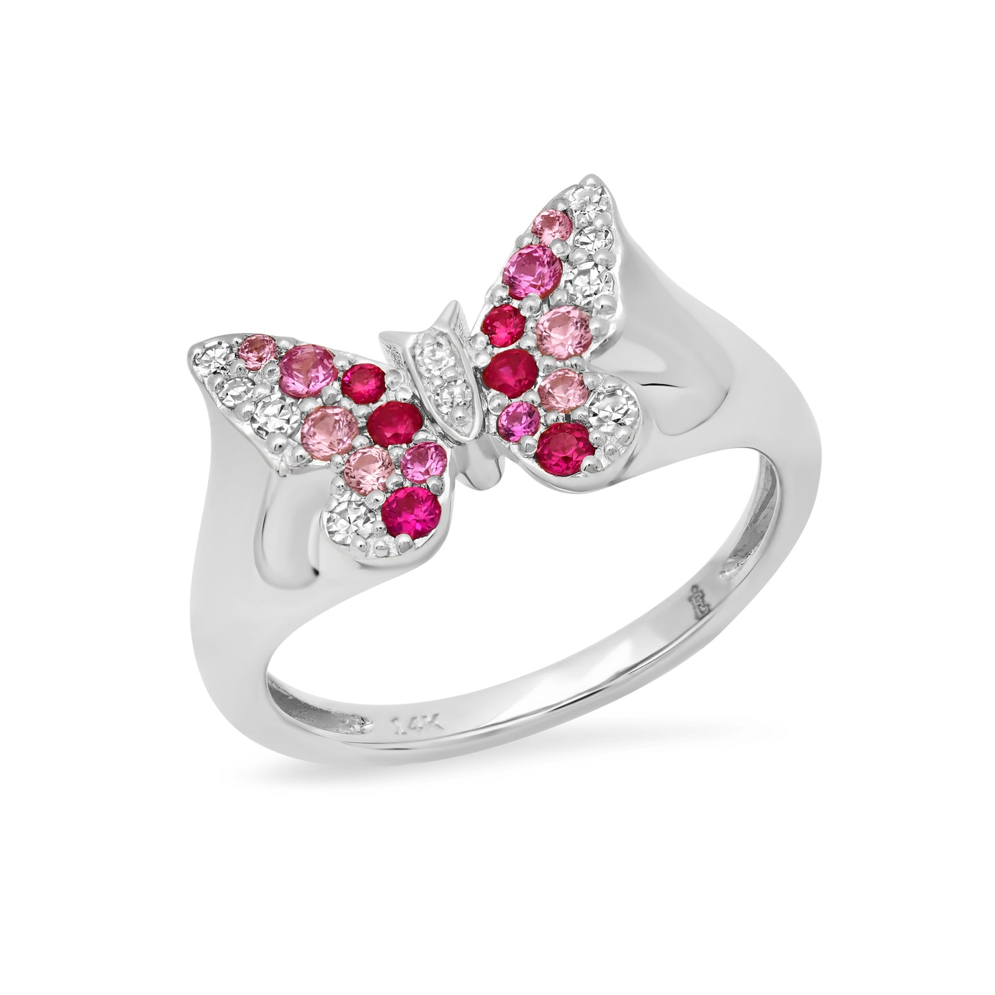 14k White Gold Mini Pink and Diamond Ombré Butterfly Pinky Ring